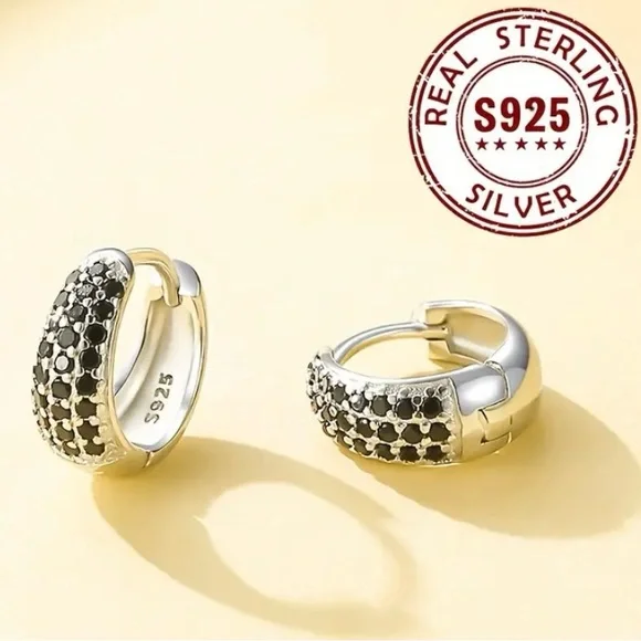 925 Sterling Silver Black Zircon Hoop Earrings 🌟Reward item - Picture 1 of 3